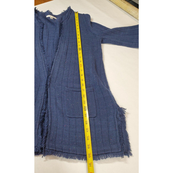 Cabi Womens Medium Navy Blue Speckled Duchess Cardigan Long Fringe Hems Pockets - Picture 10 of 11